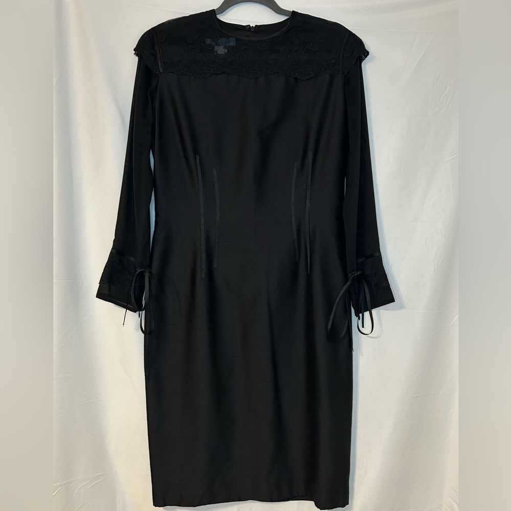 ZANG TOI‎ Couture Black Dress Silk Designer Floral Lace Sheer Sleeves Handmade